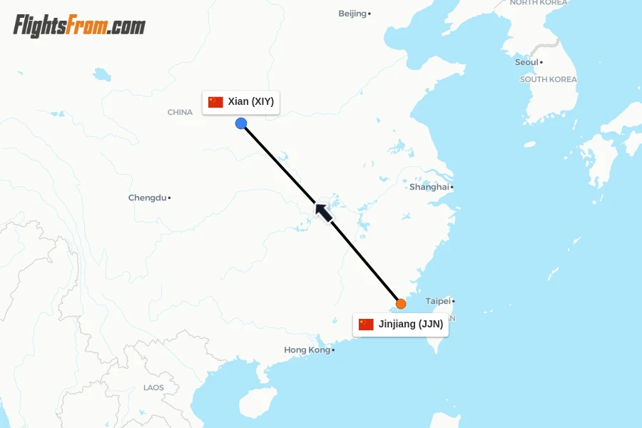 Flights from Jinjiang to Xian route map