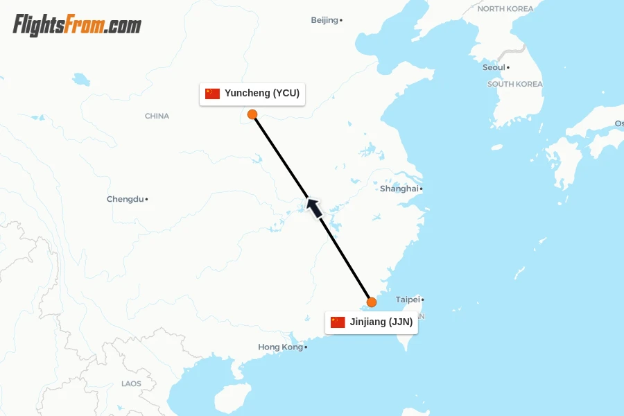 Flights from Jinjiang to Yuncheng route map