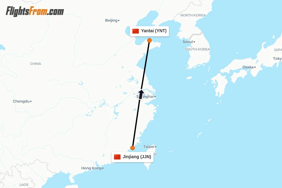 Flights from Jinjiang to Yantai route map