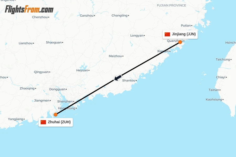 Flights from Jinjiang to Zhuhai route map