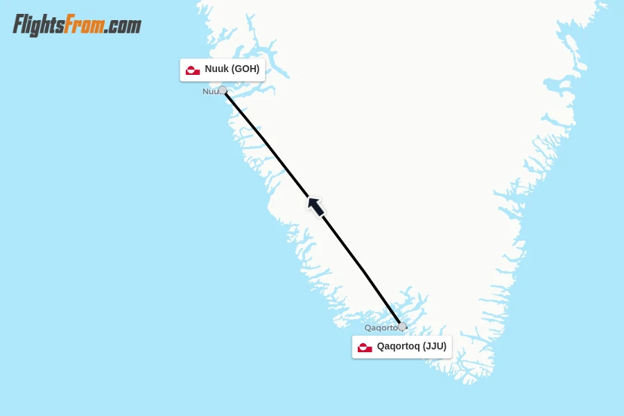 Flights from Qaqortoq to Nuuk route map