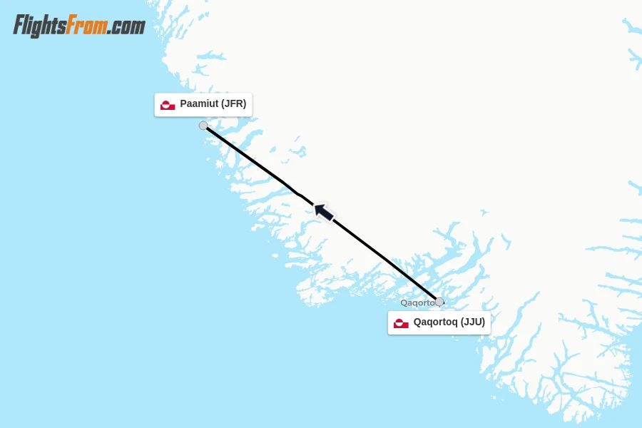 Flights from Qaqortoq to Paamiut route map