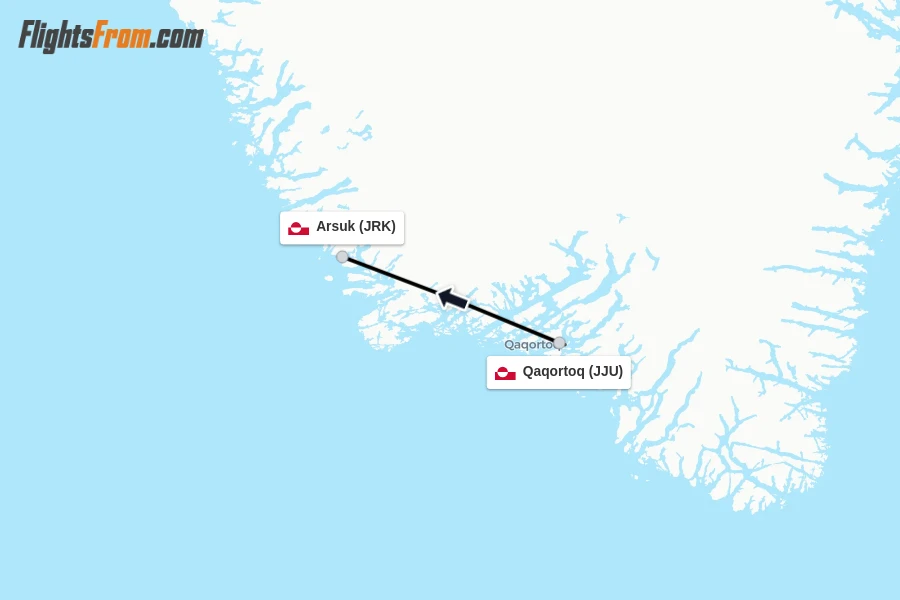 Flights from Qaqortoq to Arsuk route map