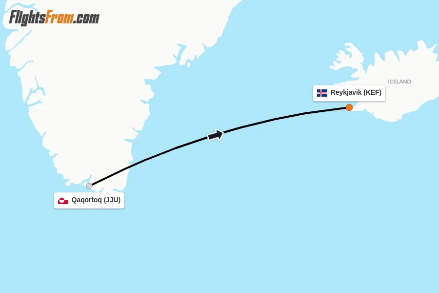 Flights from Qaqortoq to Reykjavik route map