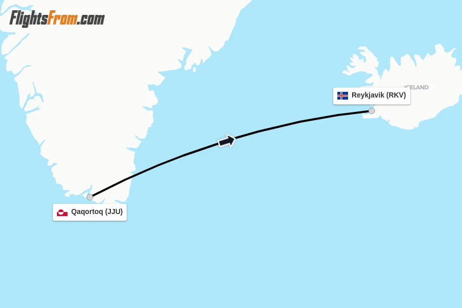 Flights from Qaqortoq to Reykjavik route map