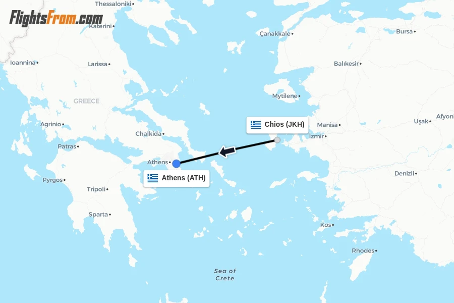 Flights from Chios to Athens route map