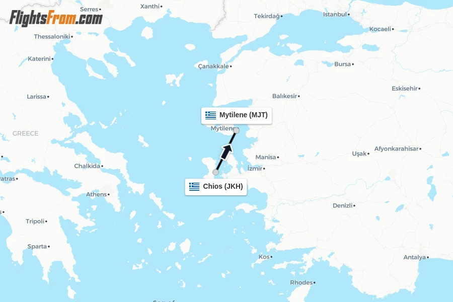 Flights from Chios to Mytilene route map