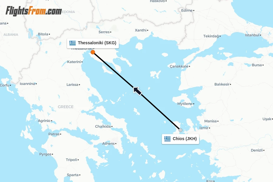 Flights from Chios to Thessaloniki route map