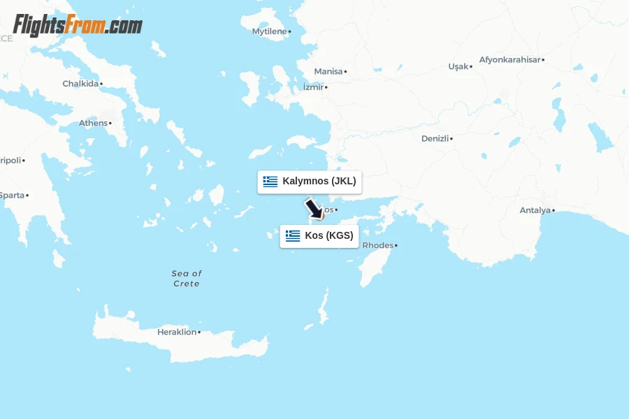Flights from Kalymnos to Kos route map