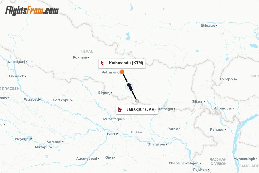 Flights from Janakpur to Kathmandu route map