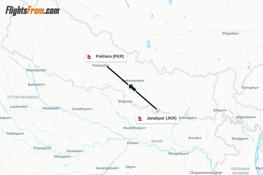 Flights from Janakpur to Pokhara route map