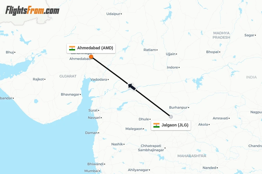 Flights from Jalgaon to Ahmedabad route map
