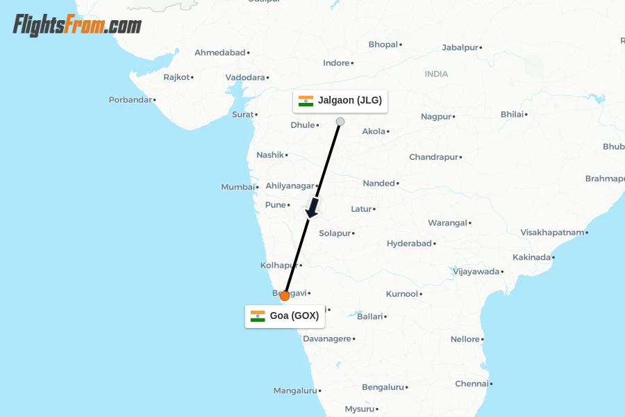 Flights from Jalgaon to Goa route map