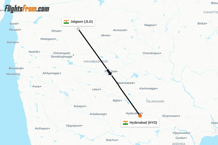 Flights from Jalgaon to Hyderabad route map