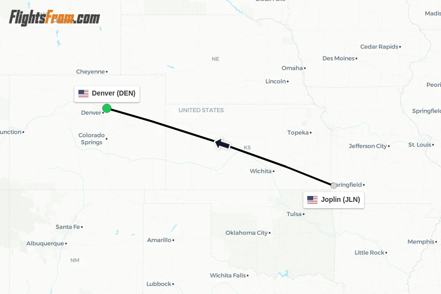 Flights from Joplin to Denver route map