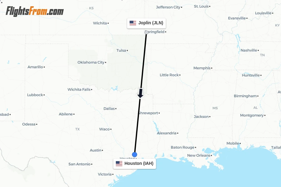 Flights from Joplin to Houston route map