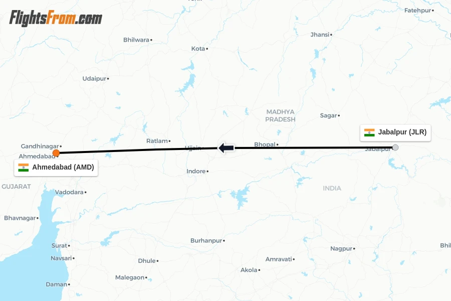 Flights from Jabalpur to Ahmedabad route map