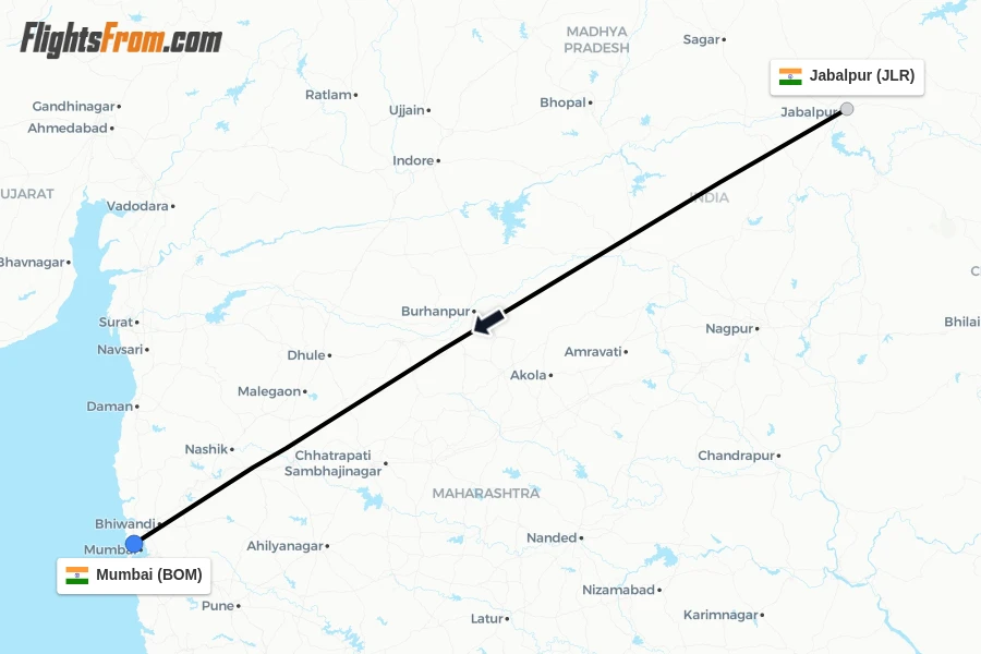 Flights from Jabalpur to Mumbai route map
