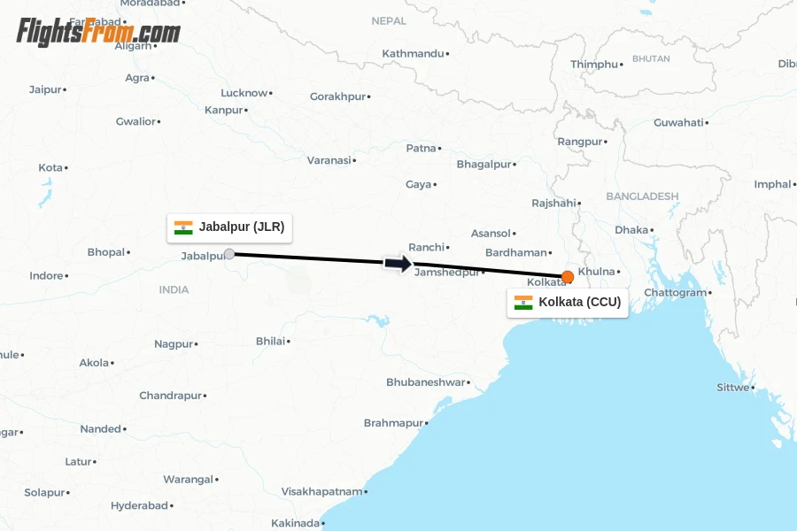 Flights from Jabalpur to Kolkata route map