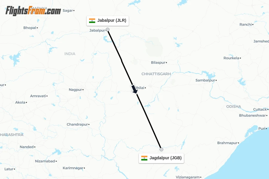 Flights from Jabalpur to Jagdalpur route map