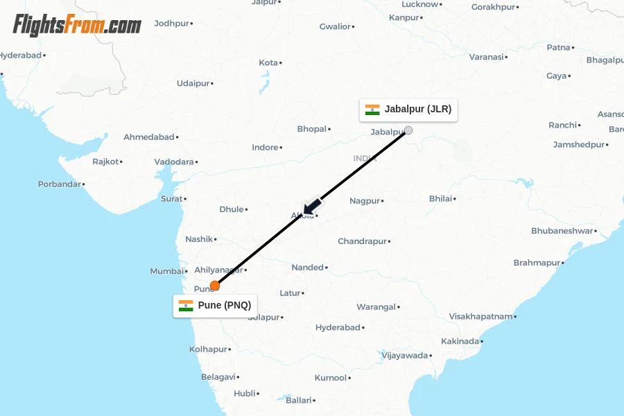 Flights from Jabalpur to Pune route map