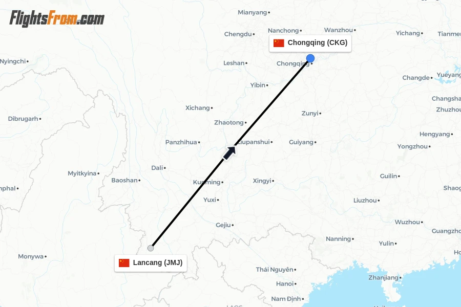 Flights from Lancang to Chongqing route map