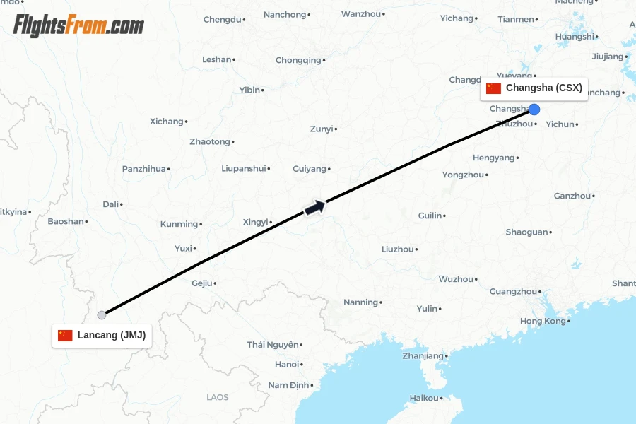 Flights from Lancang to Changsha route map