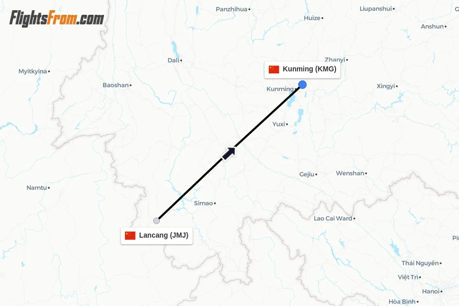 Flights from Lancang to Kunming route map