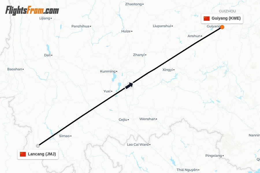Flights from Lancang to Guiyang route map