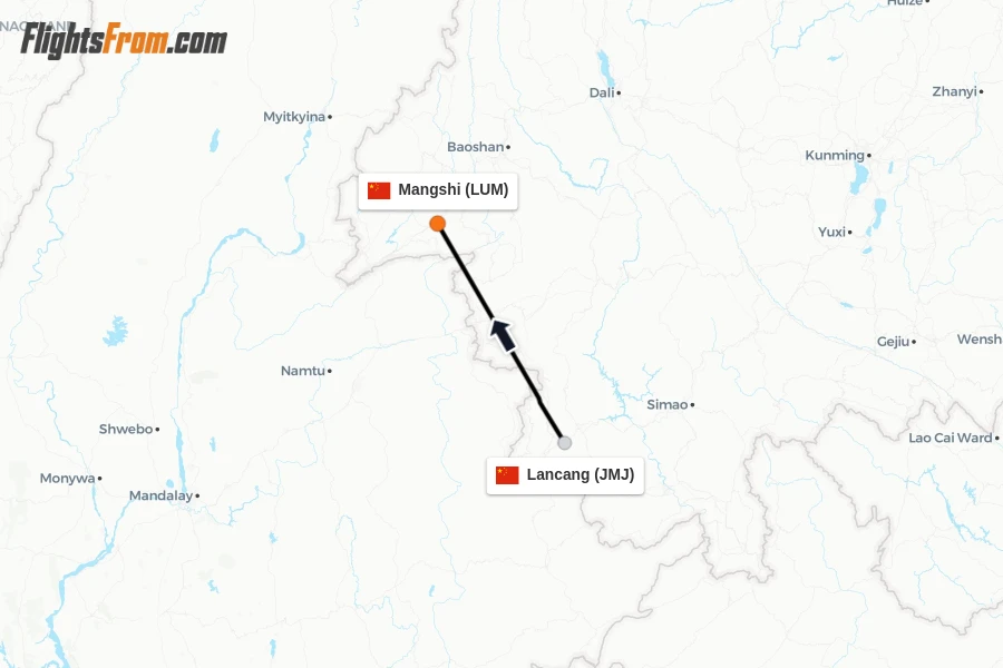 Flights from Lancang to Mangshi route map