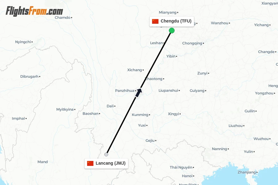 Flights from Lancang to Chengdu route map
