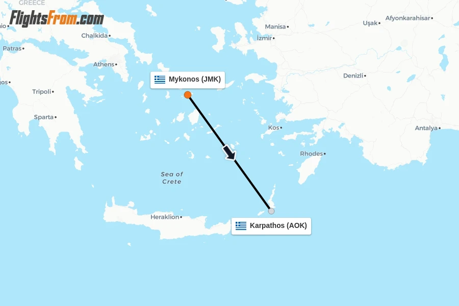 Flights from Mykonos to Karpathos route map