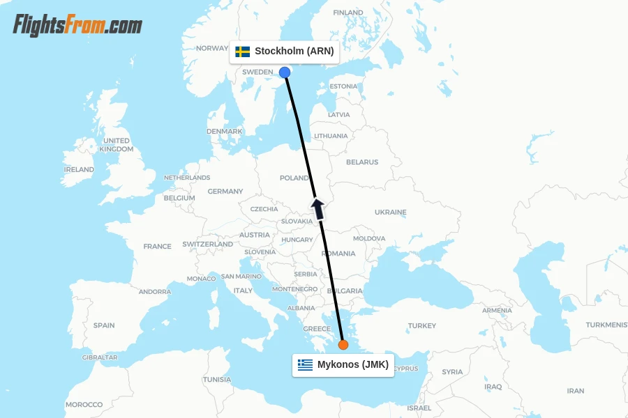 Flights from Mykonos to Stockholm route map