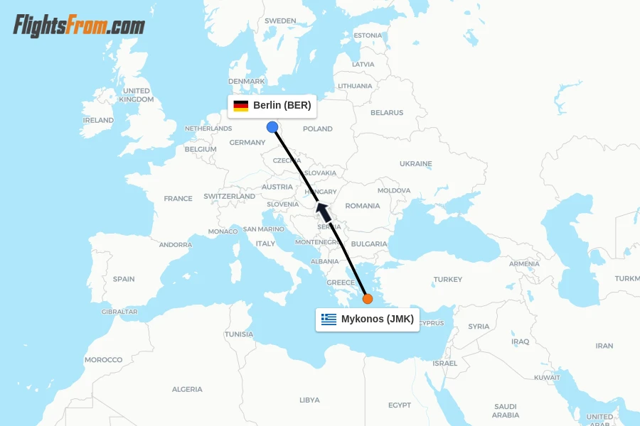 Flights from Mykonos to Berlin route map