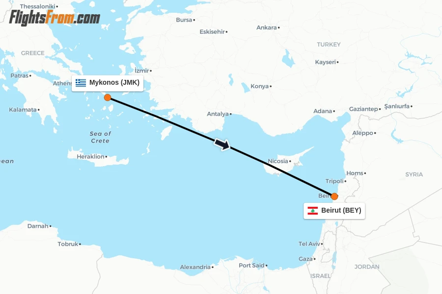 Flights from Mykonos to Beirut route map