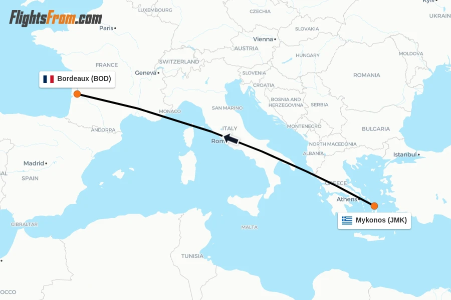 Flights from Mykonos to Bordeaux route map