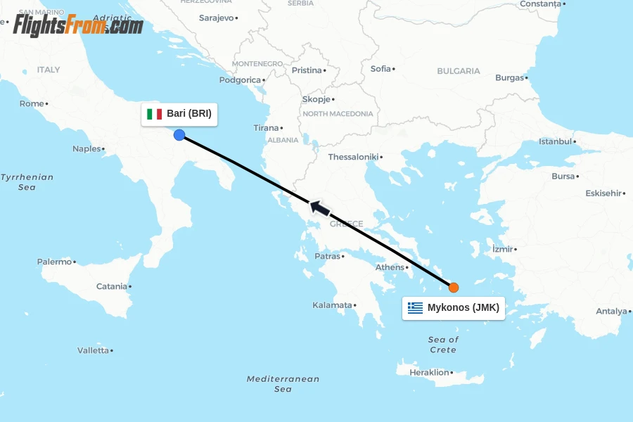 Flights from Mykonos to Bari route map