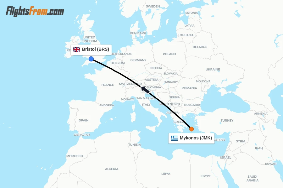 Flights from Mykonos to Bristol route map