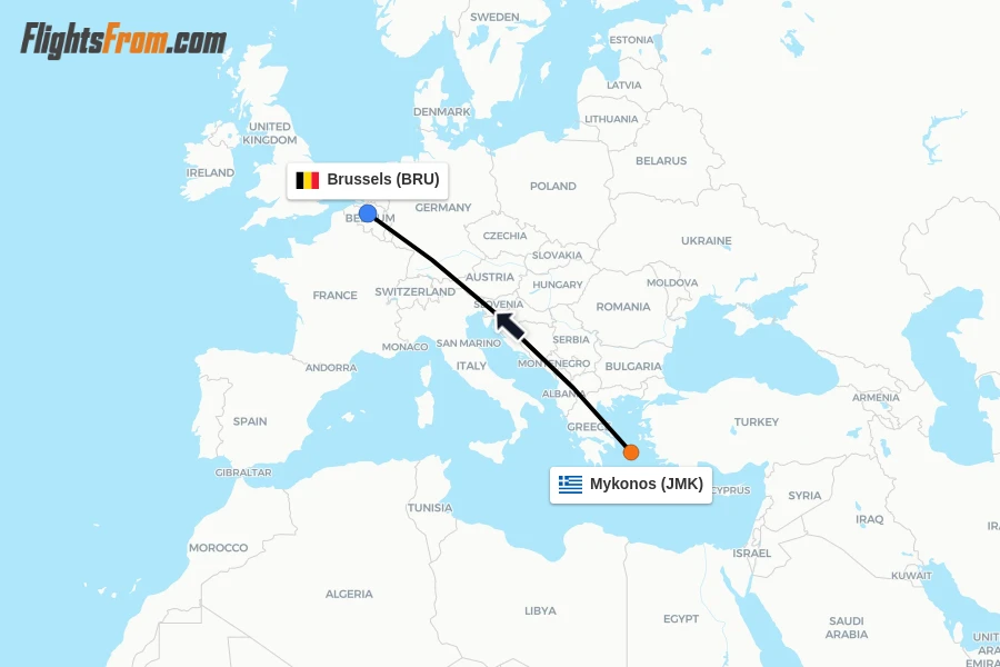 Flights from Mykonos to Brussels route map