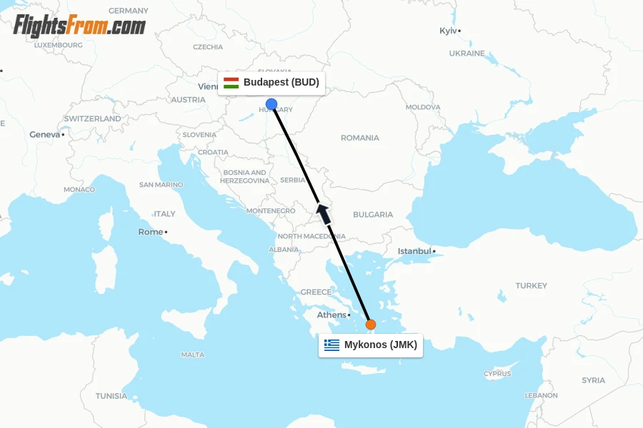 Flights from Mykonos to Budapest route map