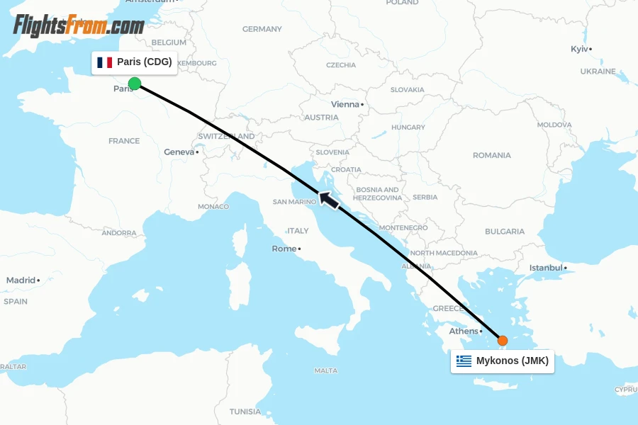 Flights from Mykonos to Paris route map