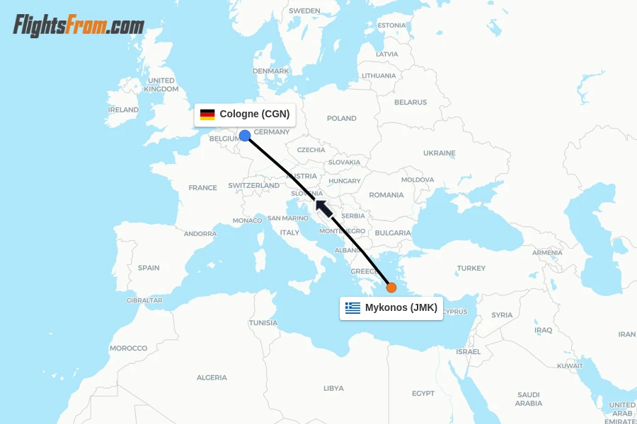 Flights from Mykonos to Cologne route map