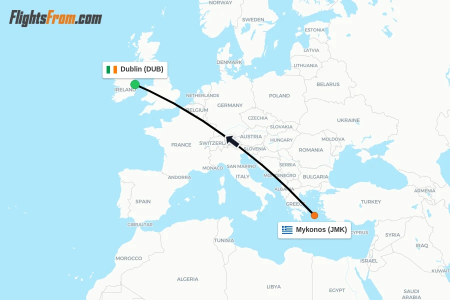 Flights from Mykonos to Dublin route map