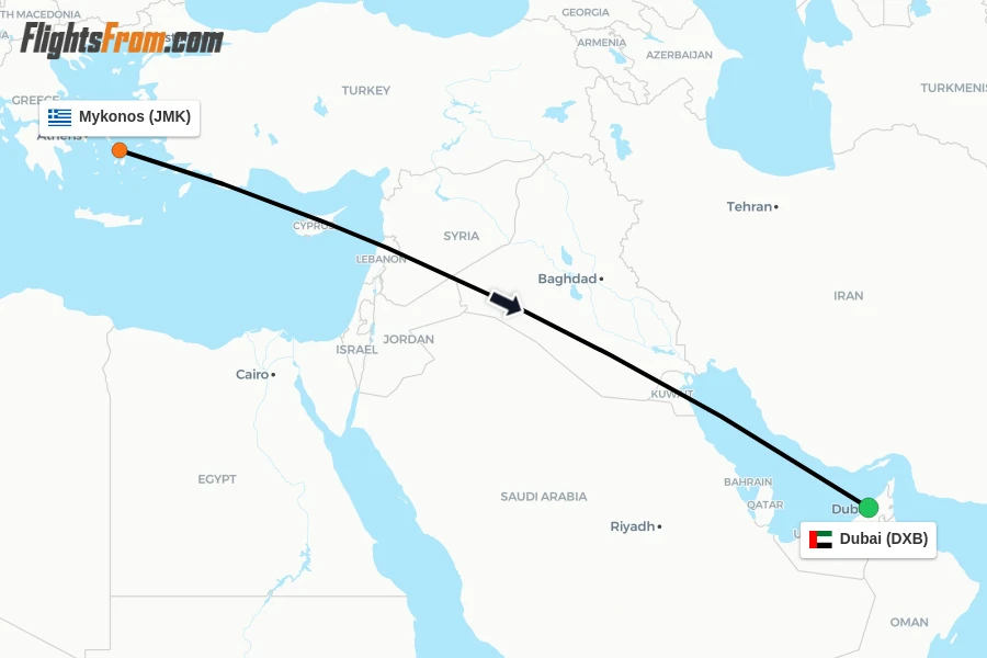 Flights from Mykonos to Dubai route map