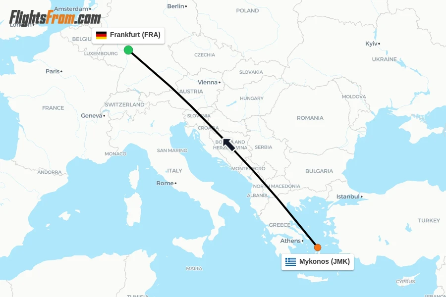 Flights from Mykonos to Frankfurt route map