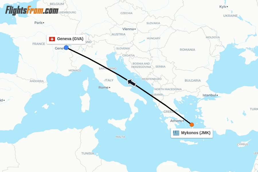 Flights from Mykonos to Geneva route map