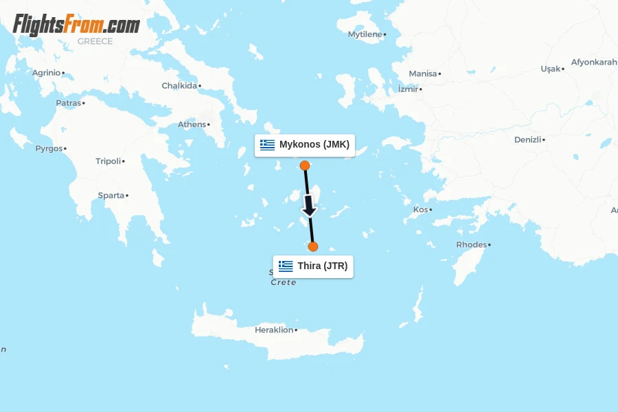 Flights from Mykonos to Thira route map