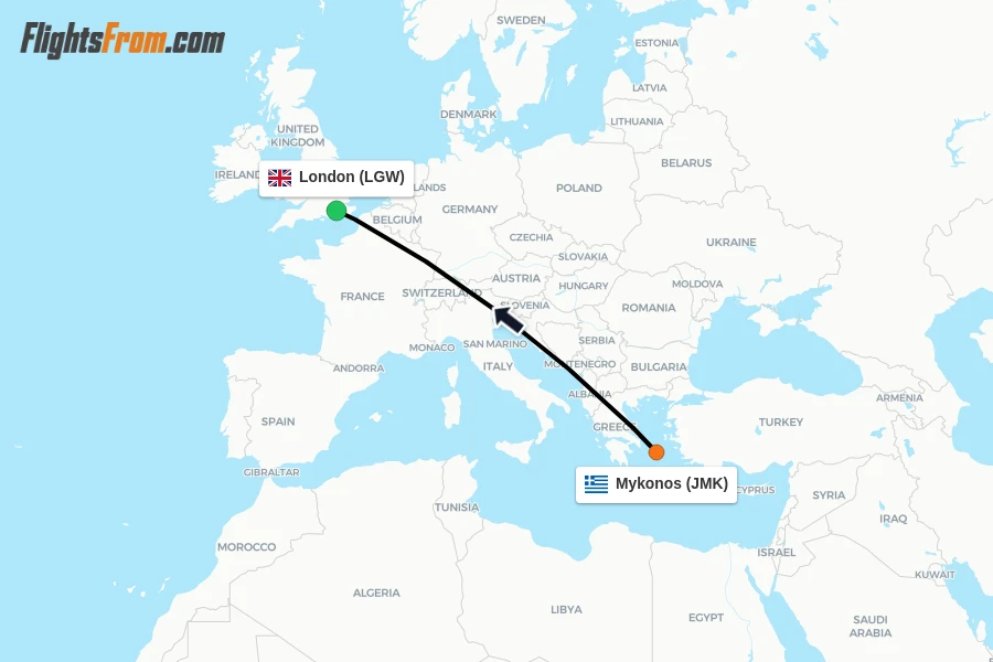 Flights from Mykonos to London route map