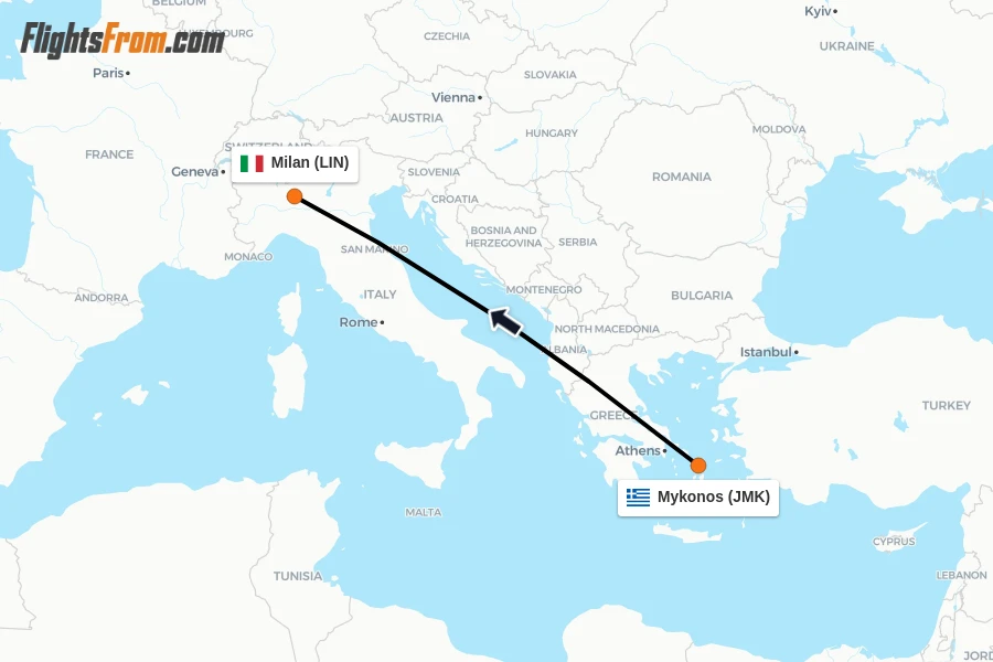 Flights from Mykonos to Milan route map