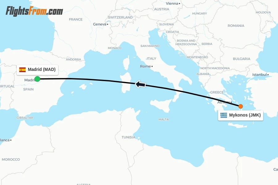 Flights from Mykonos to Madrid route map